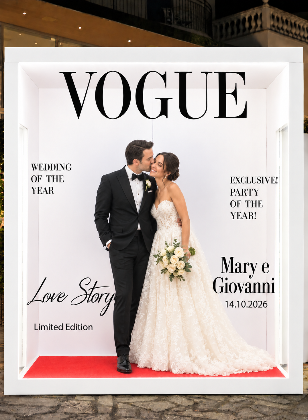 Coppia di sposi nella cornice Vogue Photo Booth Sicily